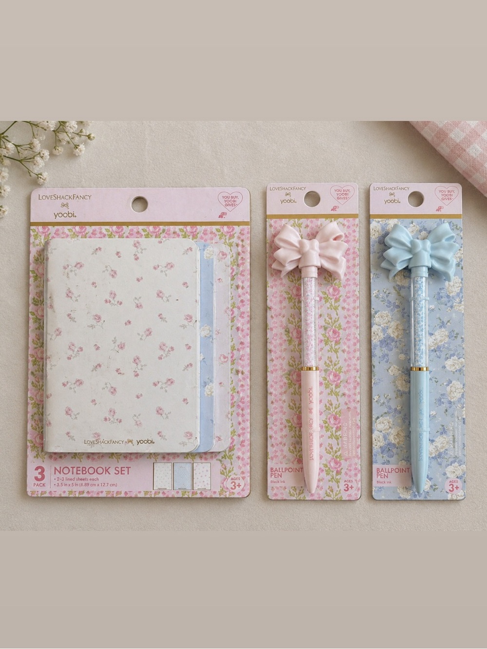 LoveShackFancy Mini Journals, Pink and Blue Bow Pen Set